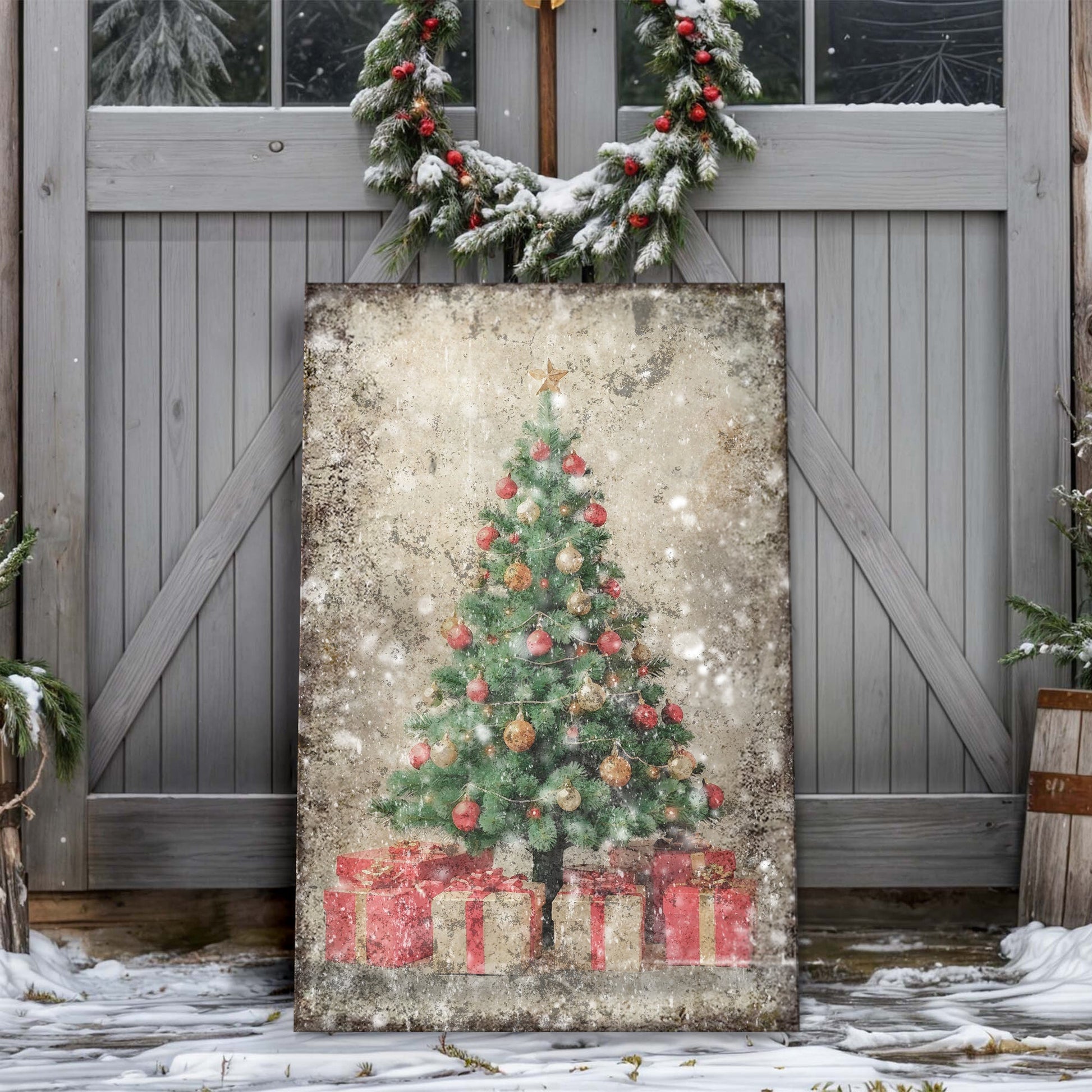 Vintage Christmas Tree With Gifts canvas wall art featuring a green tree with red ornaments on Tampa Home & Garden Store