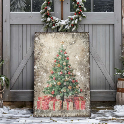 Vintage Christmas Tree With Gifts canvas wall art featuring a green tree with red ornaments on Tampa Home & Garden Store