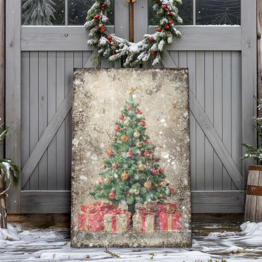 Vintage Christmas Tree With Gifts canvas wall art featuring a green tree with red ornaments on Tampa Home & Garden Store