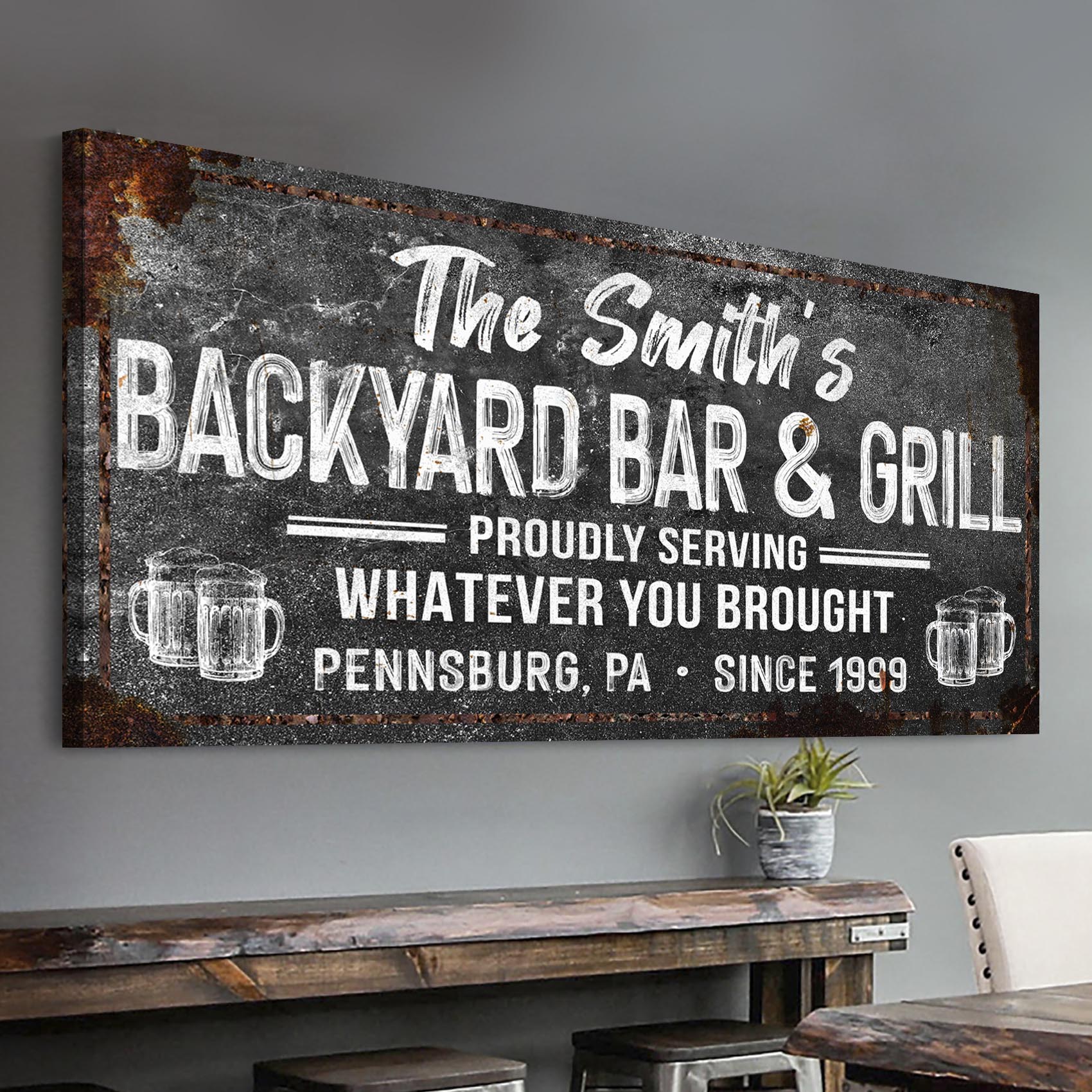 Backyard Bar & Grill Sign XXIII canvas by Tailored Canvases with rustic black background and white lettering on Tampa Home & Garden Store