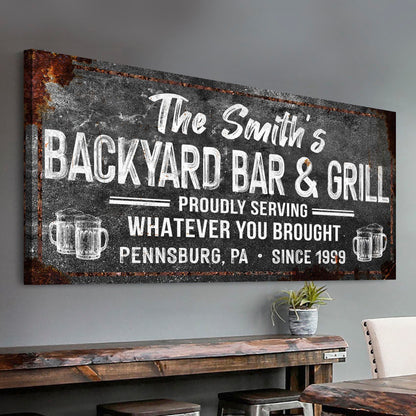 Backyard Bar & Grill Sign XXIII canvas by Tailored Canvases with rustic black background and white lettering on Tampa Home & Garden Store
