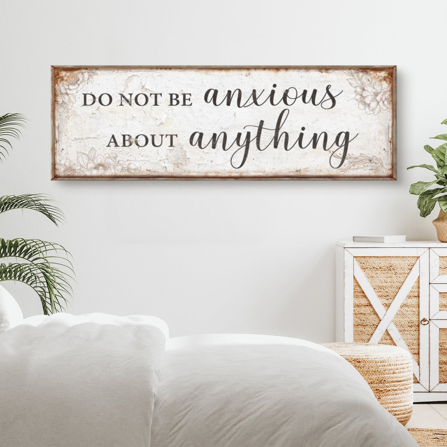 Canvas sign Do Not Be Anxious About Anything by Tailored Canvases, vintage floral framed on Tampa Home & Garden Store