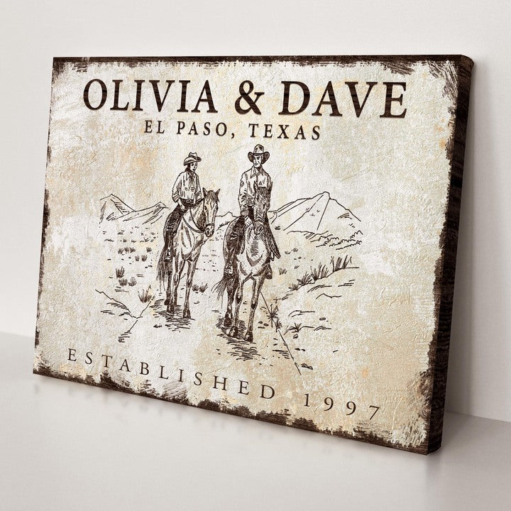 Cowboy Couple Sign canvas by Tailored Canvases with distressed print of two riders on horseback on Tampa Home & Garden Store