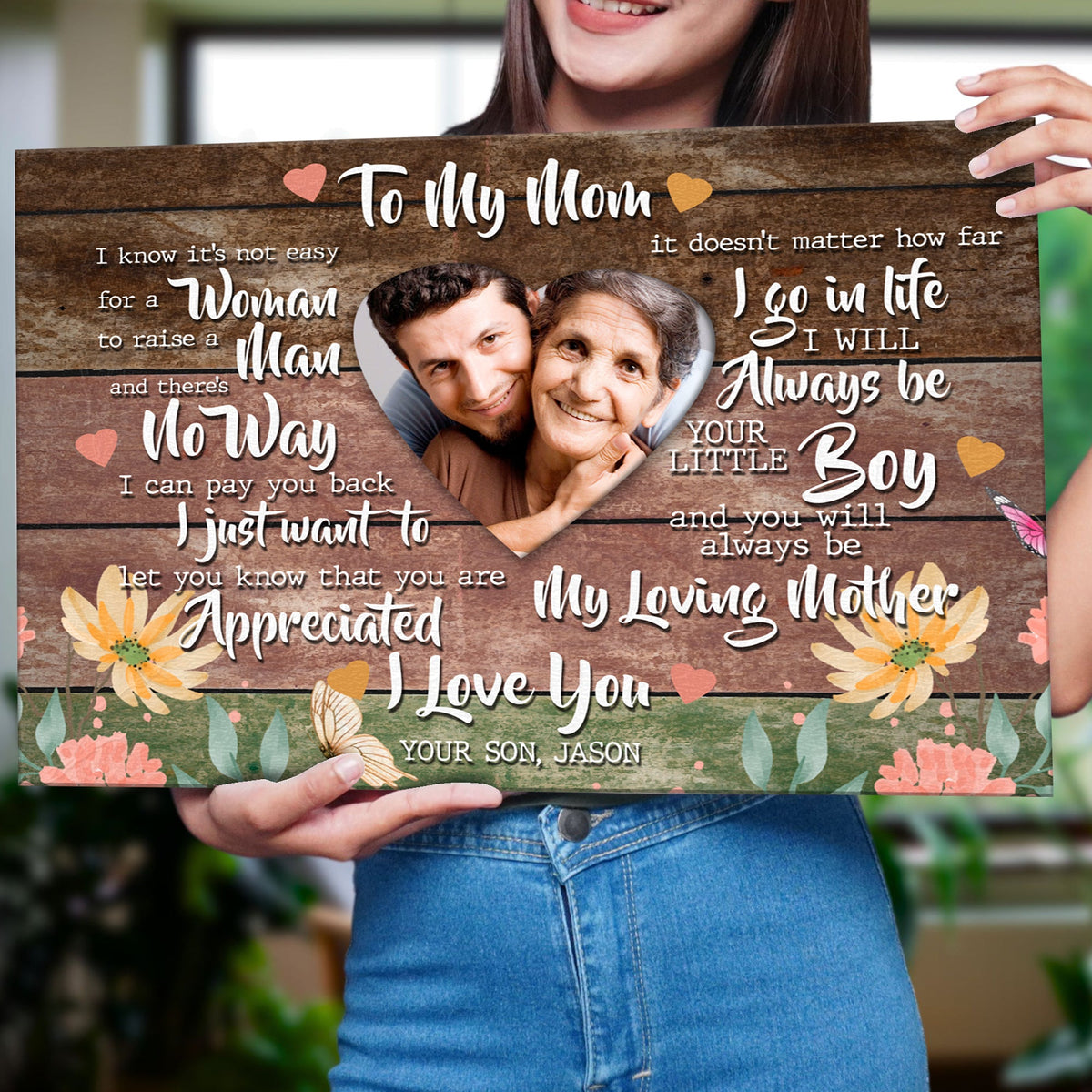 Canvas sign Mother's Day by Tailored Canvases on wood backdrop with hearts and flowers on Tampa Home & Garden Store