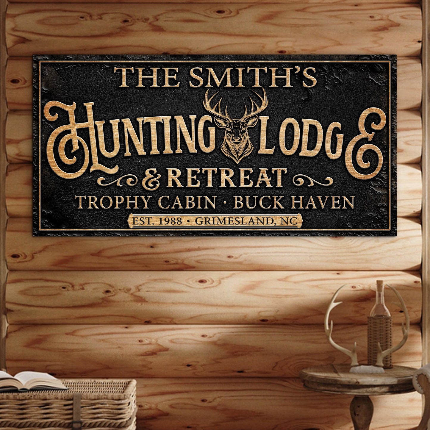 Family Hunting Lodge Retreat sign crafting canvas with plaque, gold lettering and deer crest on Tampa Home & Garden Store
