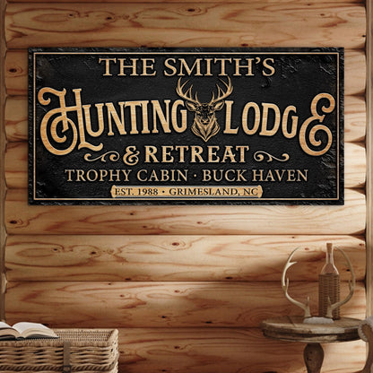 Family Hunting Lodge Retreat sign crafting canvas with plaque, gold lettering and deer crest on Tampa Home & Garden Store