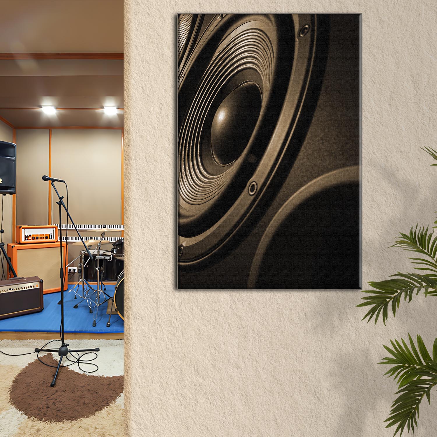 Music equipment speakers sepia canvas wall art, sepia-toned close-up canvas print on Tampa Home & Garden Store