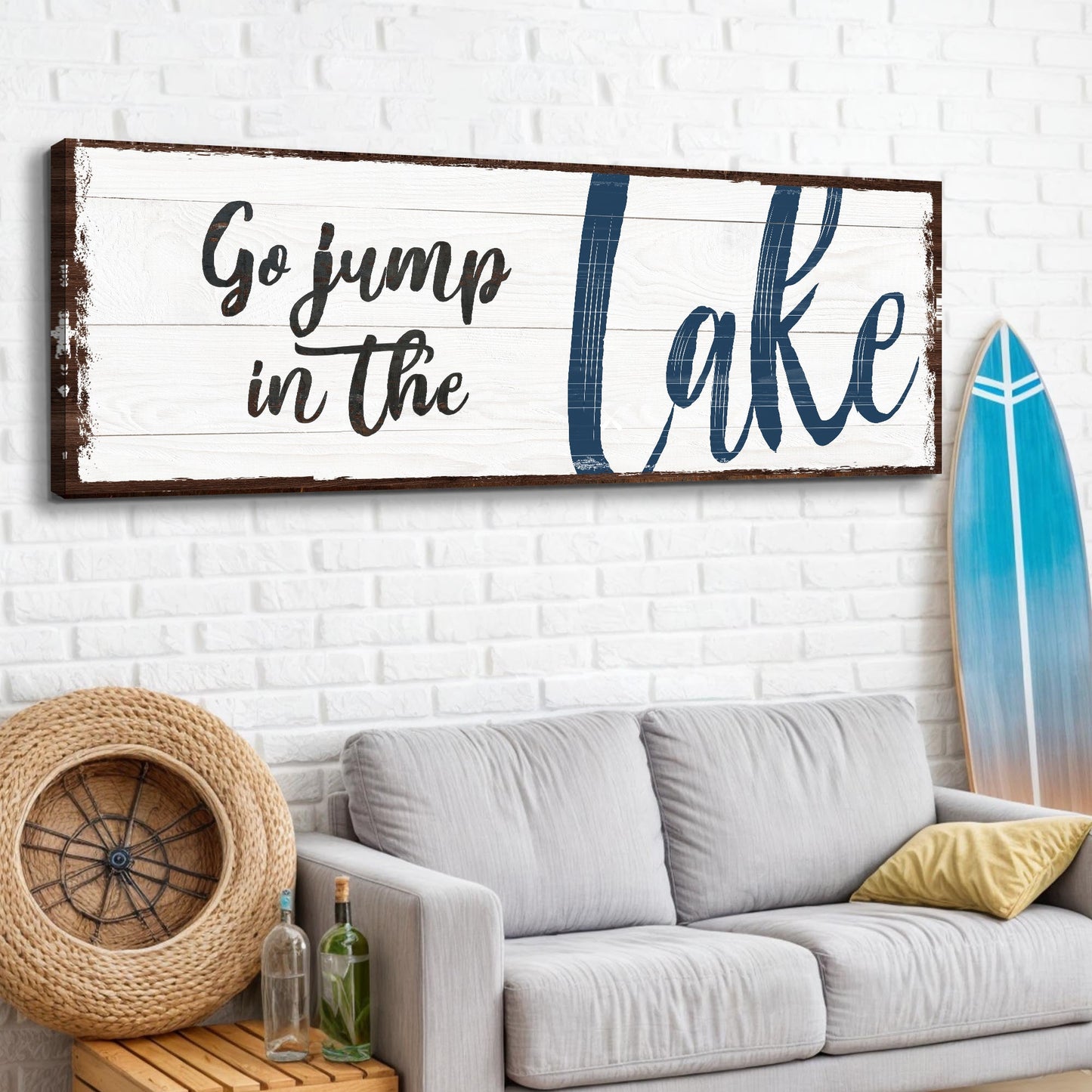 Go Jump In The Lake Sign II canvas with whitewashed wood background and navy Lake lettering on Tampa Home & Garden Store