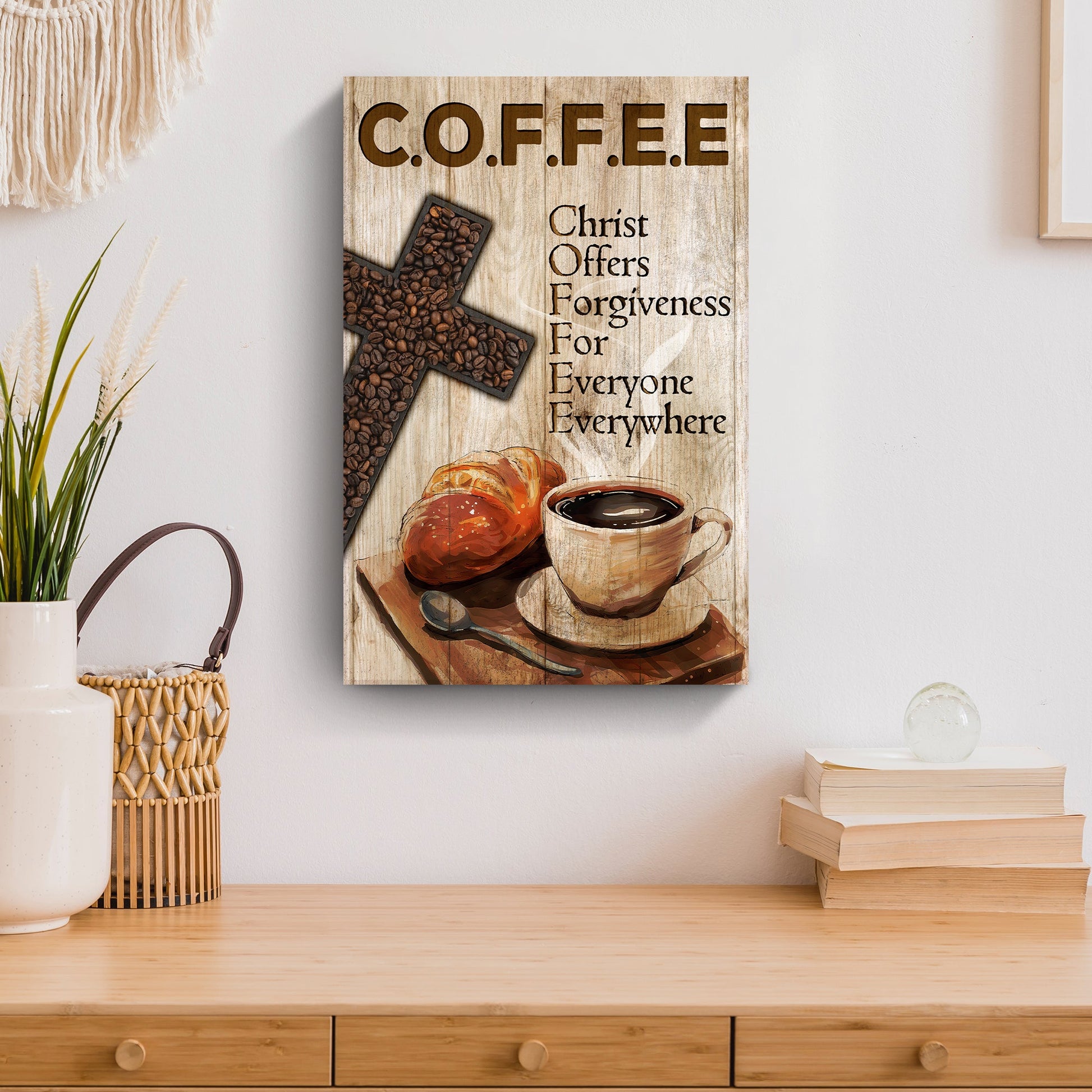 Christ And Coffee Faith Sign II Tailored Canvases rustic wood panel coffee beans and cup on Tampa Home & Garden Store