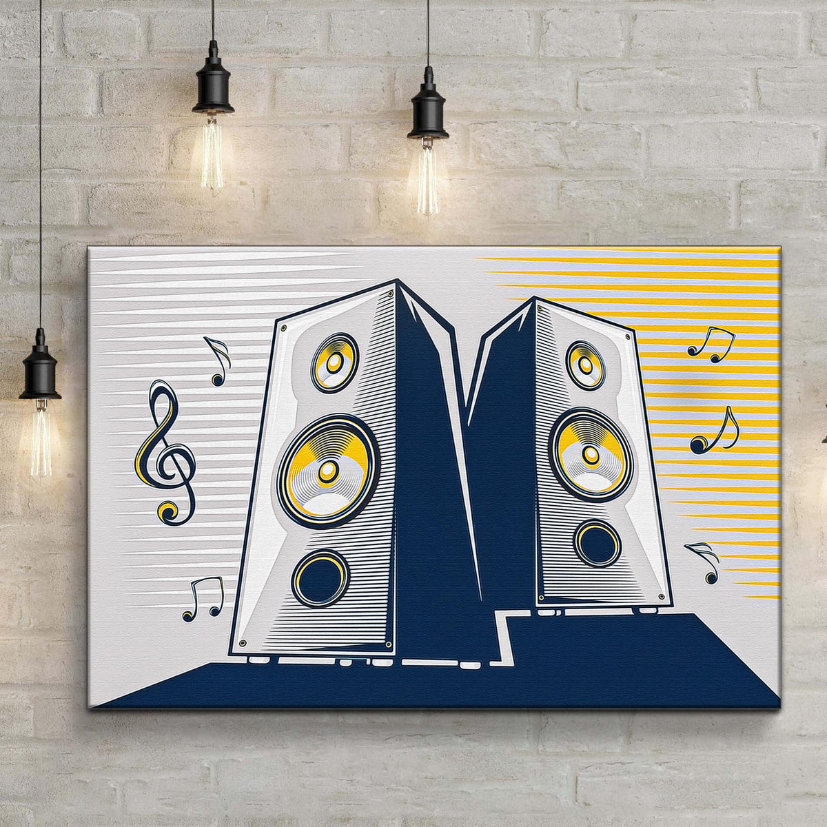 Music equipment speakers pop art canvas wall art Tailored Canvases navy speakers yellow accents on Tampa Home & Garden Store