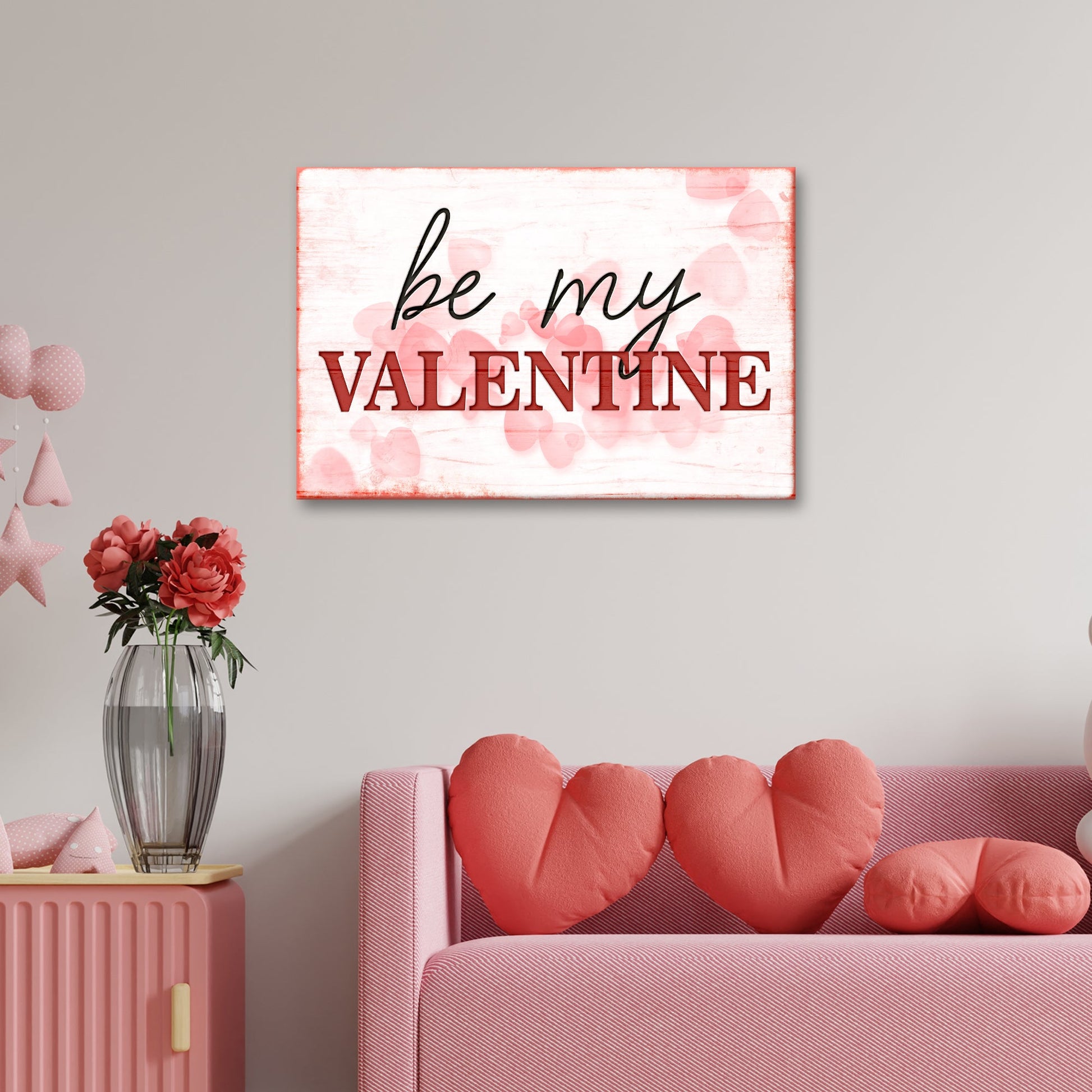 Be My Valentine sign canvas by Tailored Canvases with whitewashed wood and pink hearts on Tampa Home & Garden Store