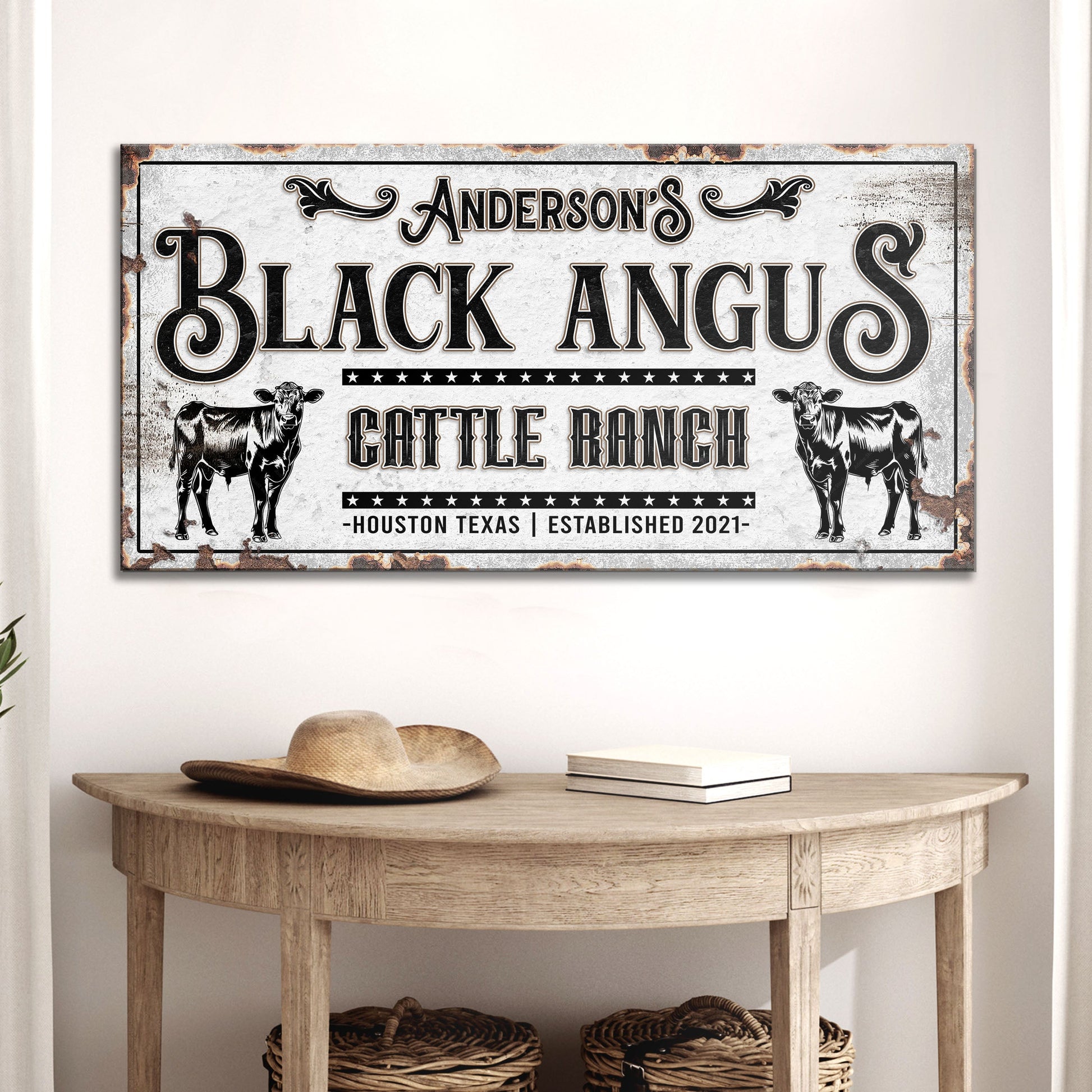 Personalized Black Angus Cattle Sign canvas with two cow silhouettes on Tampa Home & Garden Store
