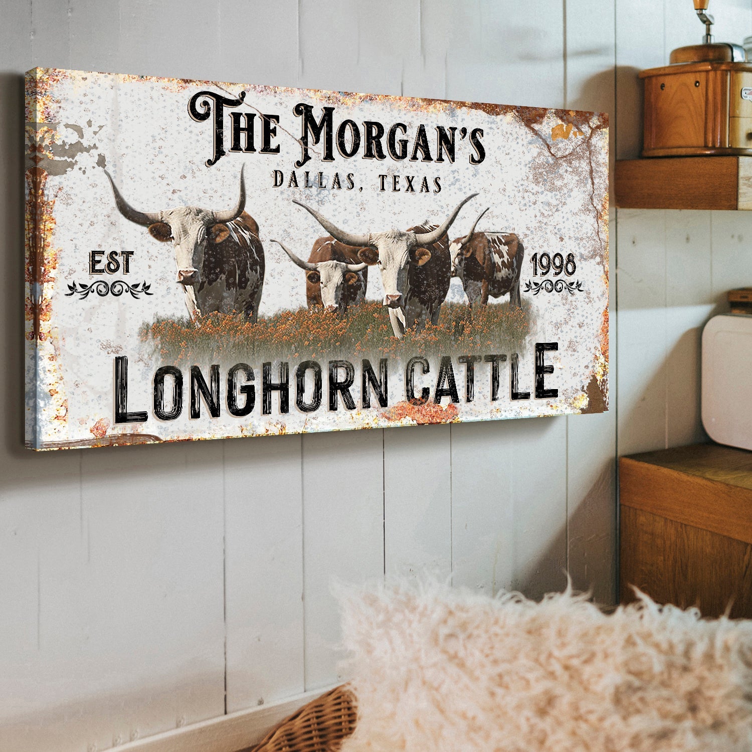 Personalized Long Horn Cattle Sign II canvas by Tailored Canvases with rustic edges on Tampa Home & Garden Store