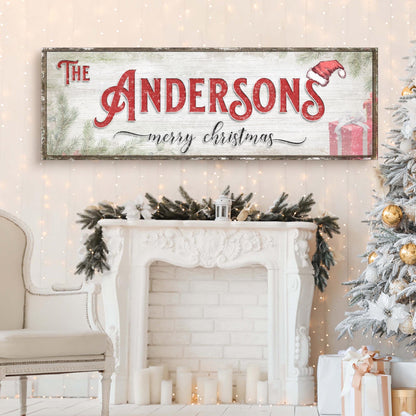 Canvas Christmas Family Name Sign V by Tailored Canvases white panel with red Andersons Santa hat on Tampa Home & Garden Store