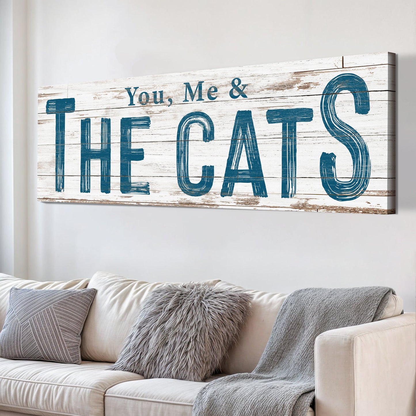Canvas sign You, Me & The Cats in blue on distressed white wood backdrop Tailored Canvases on Tampa Home & Garden Store