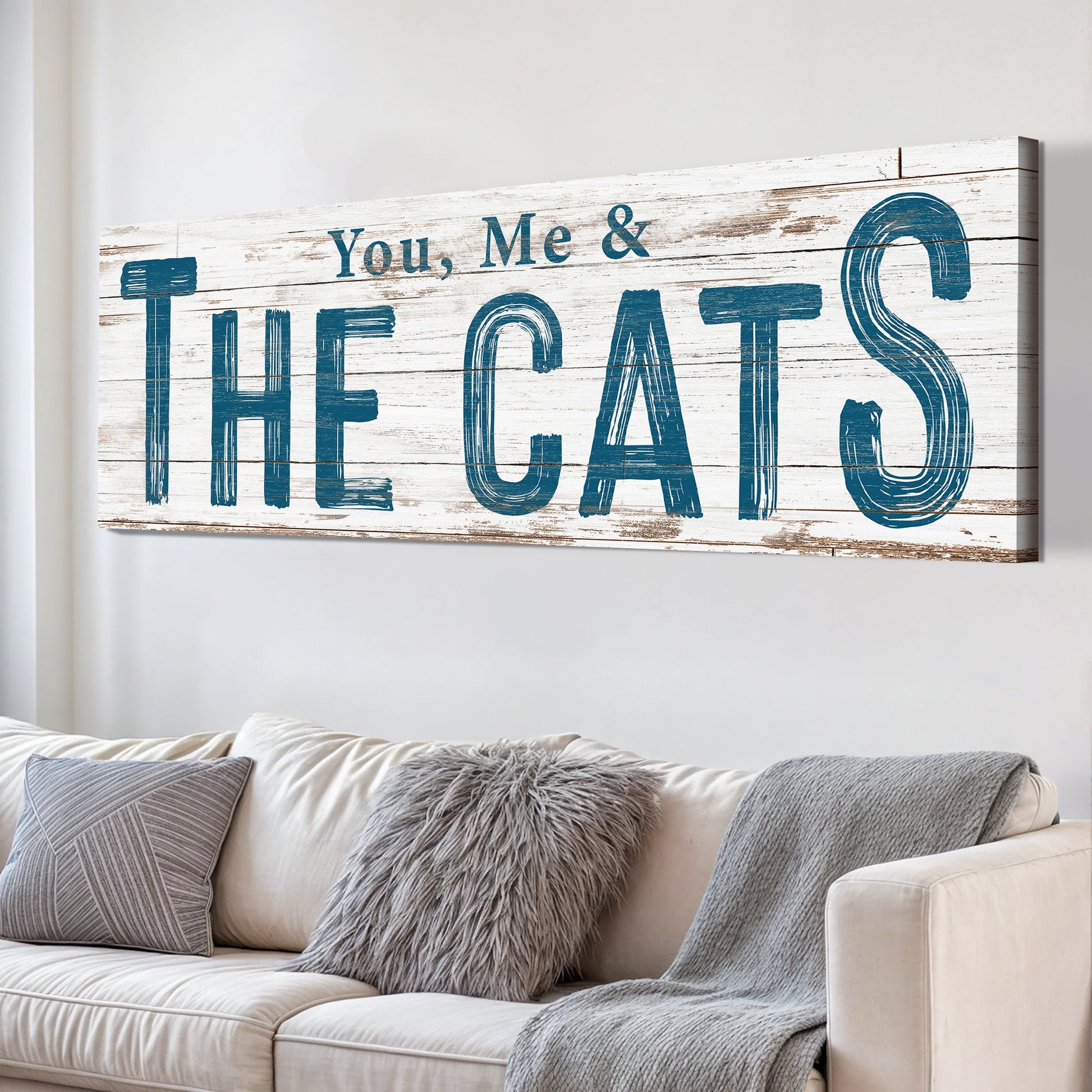 Canvas sign You, Me & The Cats in blue on distressed white wood backdrop Tailored Canvases on Tampa Home & Garden Store