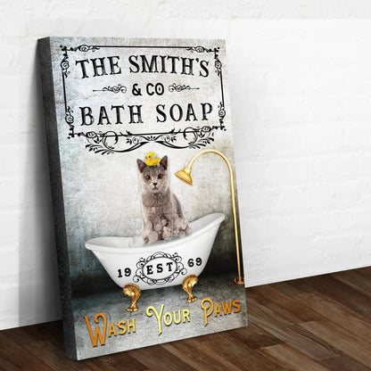 Wash Your Paws Sign canvas by Tailored Canvases, cat in tub with rubber duck and faucet on Tampa Home & Garden Store