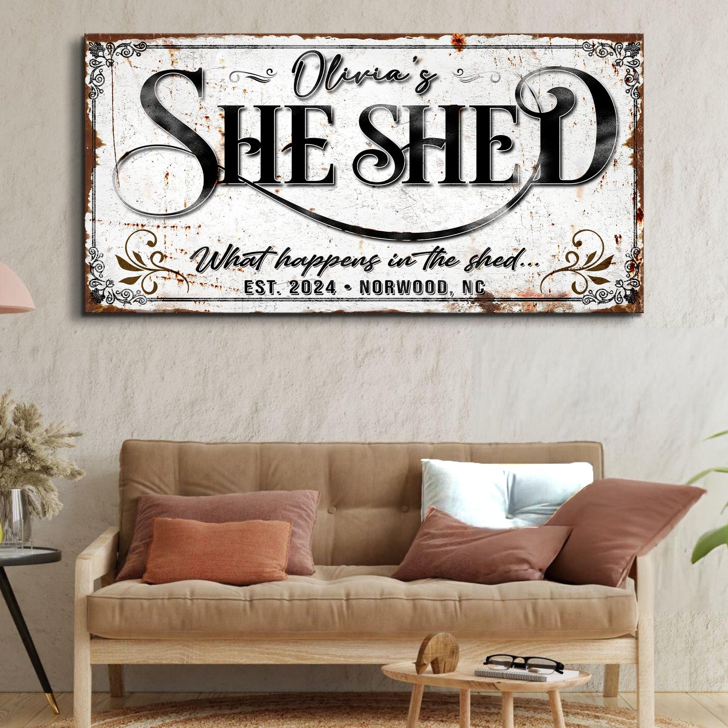 Personalized She Shed Sign XVIII canvas featuring Olivia's script and bold SHE SHED text on distressed white backdrop on Tampa Home & Garden Store