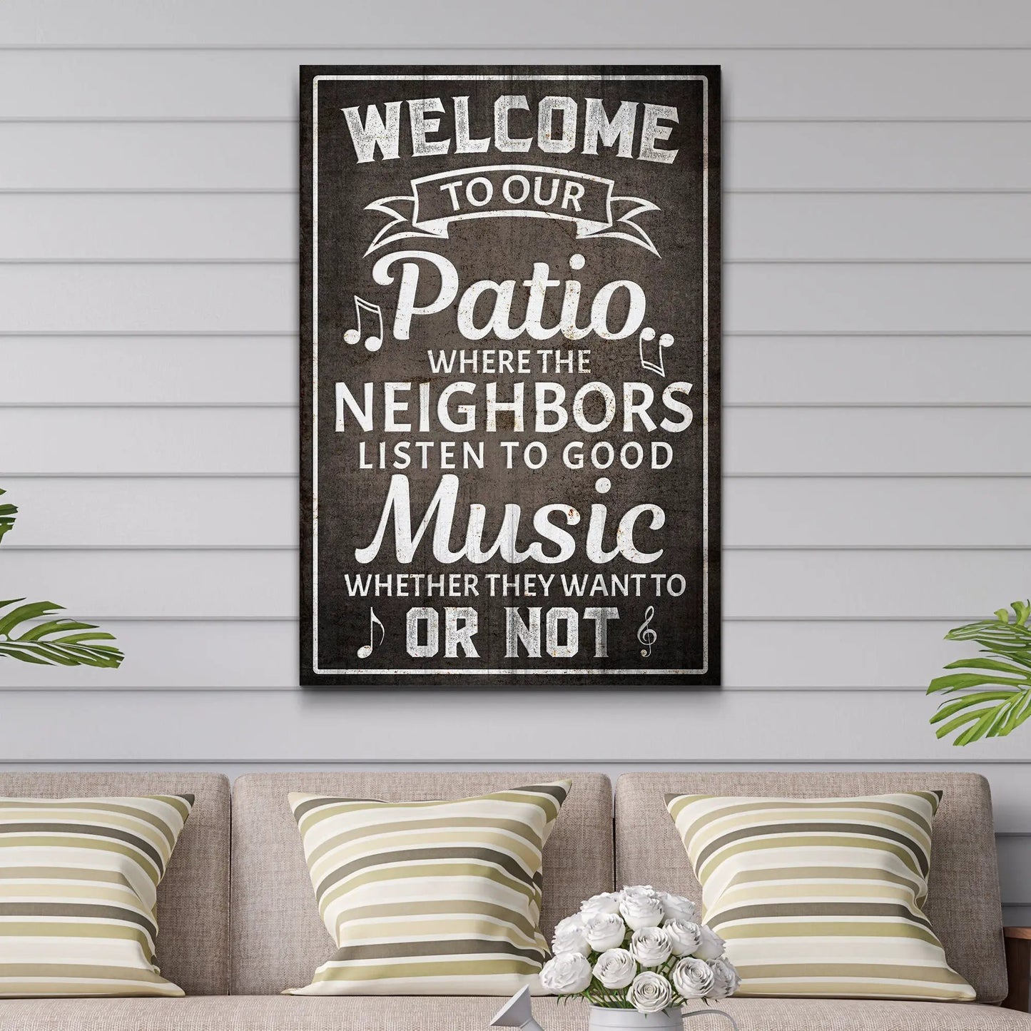 Welcome To Our Patio canvas sign by Tailored Canvases with chalkboard mounted on siding on Tampa Home & Garden Store