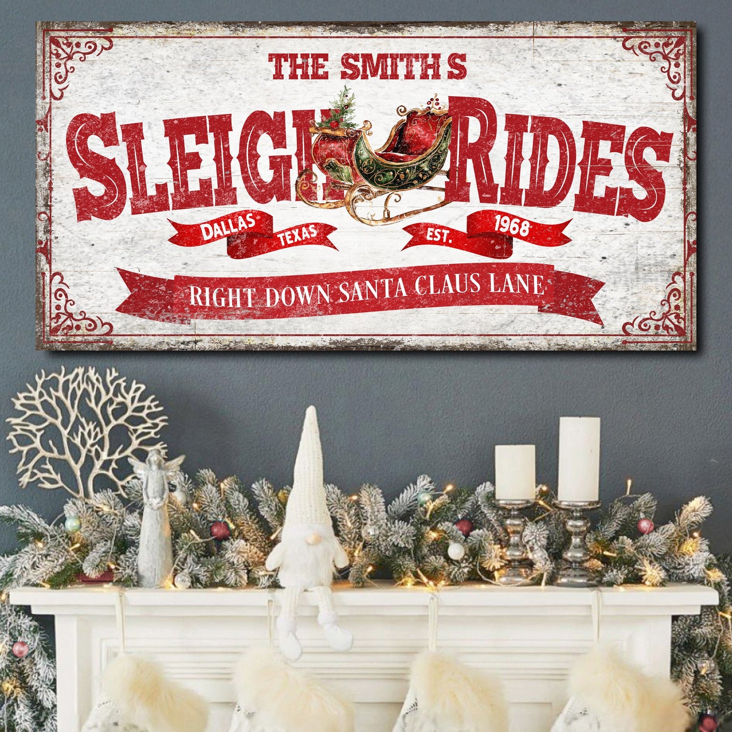 Sleigh Rides Christmas Sign IV canvas by Tailored Canvases, bold red vintage text on white on Tampa Home & Garden Store