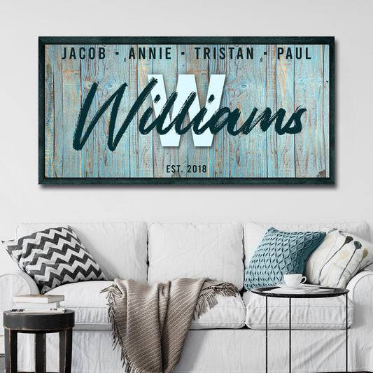 Family Wood Sign IV canvas wall art Tailored Canvases blue distressed wood backdrop on Tampa Home & Garden Store