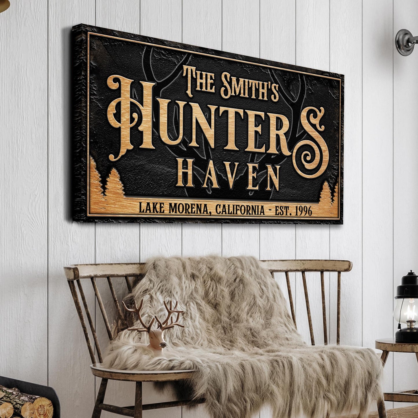 Personalized Hunters Haven canvas sign with black textured backdrop and gold lettering on Tampa Home & Garden Store