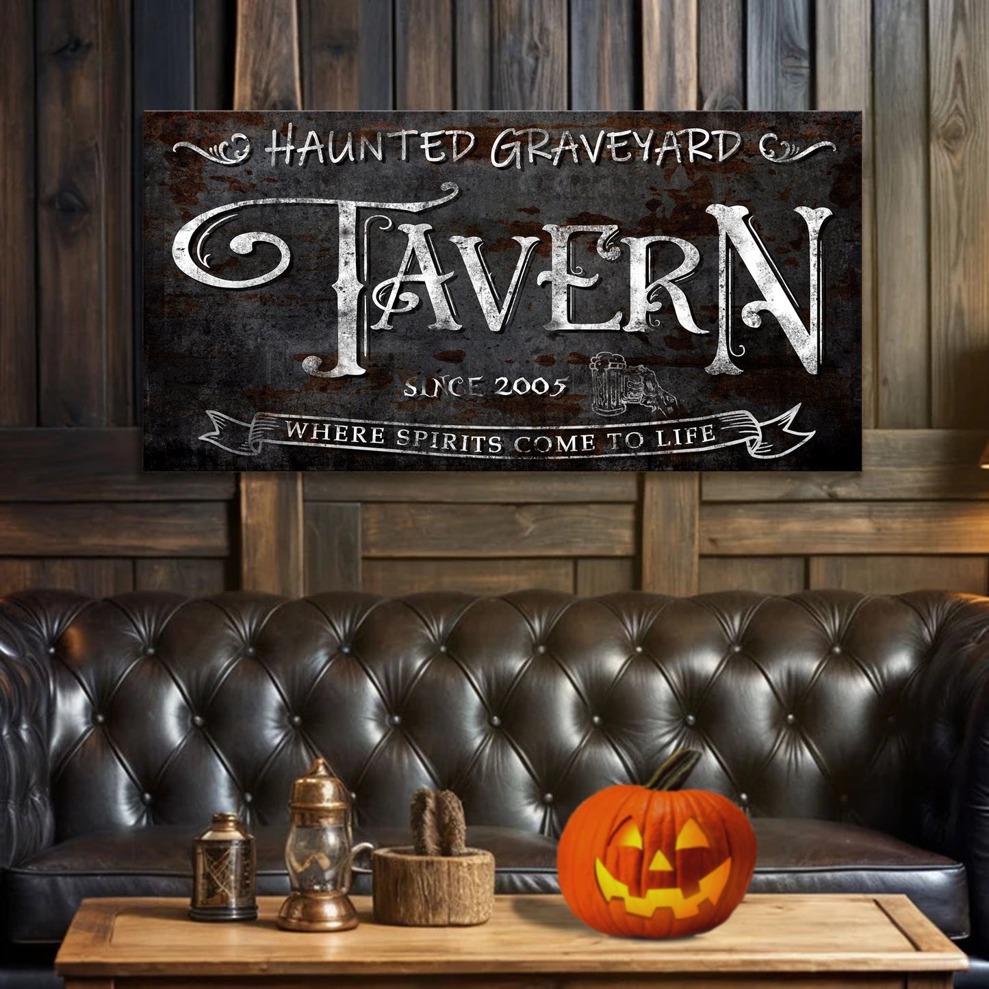 Haunted Graveyard Tavern Halloween Sign III canvas by Tailored Canvases with pumpkin on table on Tampa Home & Garden Store