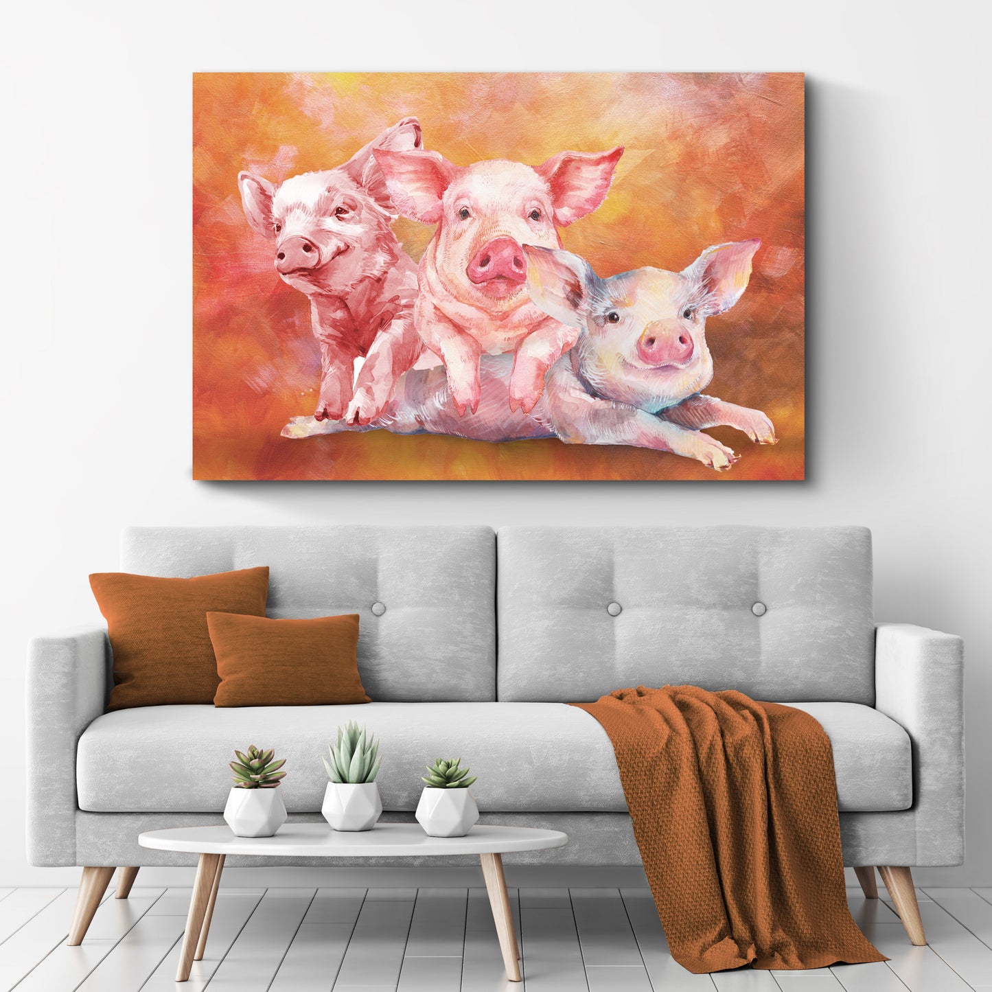 Three Baby Pigs watercolor canvas wall art by Tailored Canvases, piglets on orange background on Tampa Home & Garden Store
