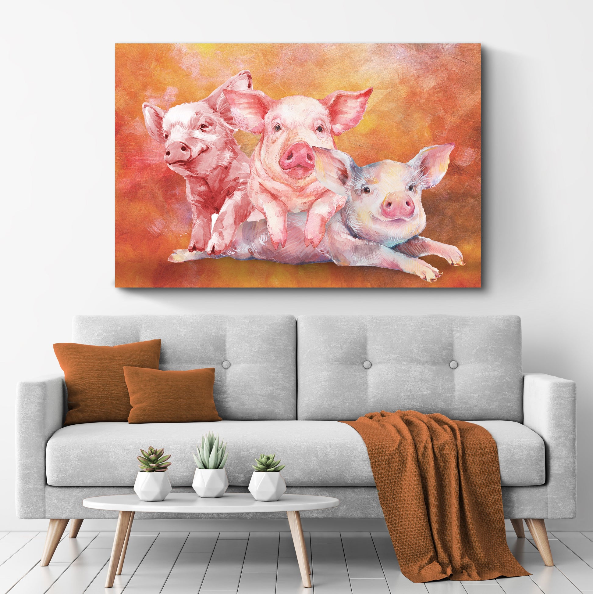 Three Baby Pigs watercolor canvas wall art by Tailored Canvases, piglets on orange background on Tampa Home & Garden Store