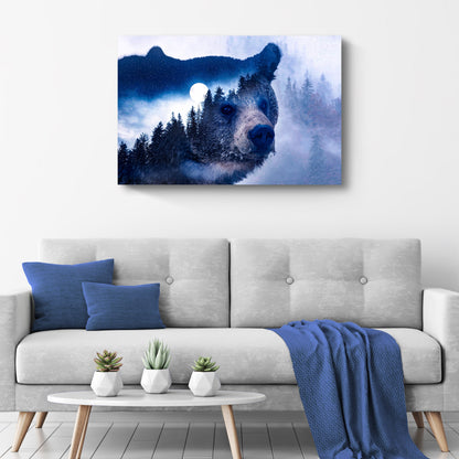 Animals Forest Bear Illustration Canvas Wall Art with blue moonlit bear silhouette among pines on Tampa Home & Garden Store