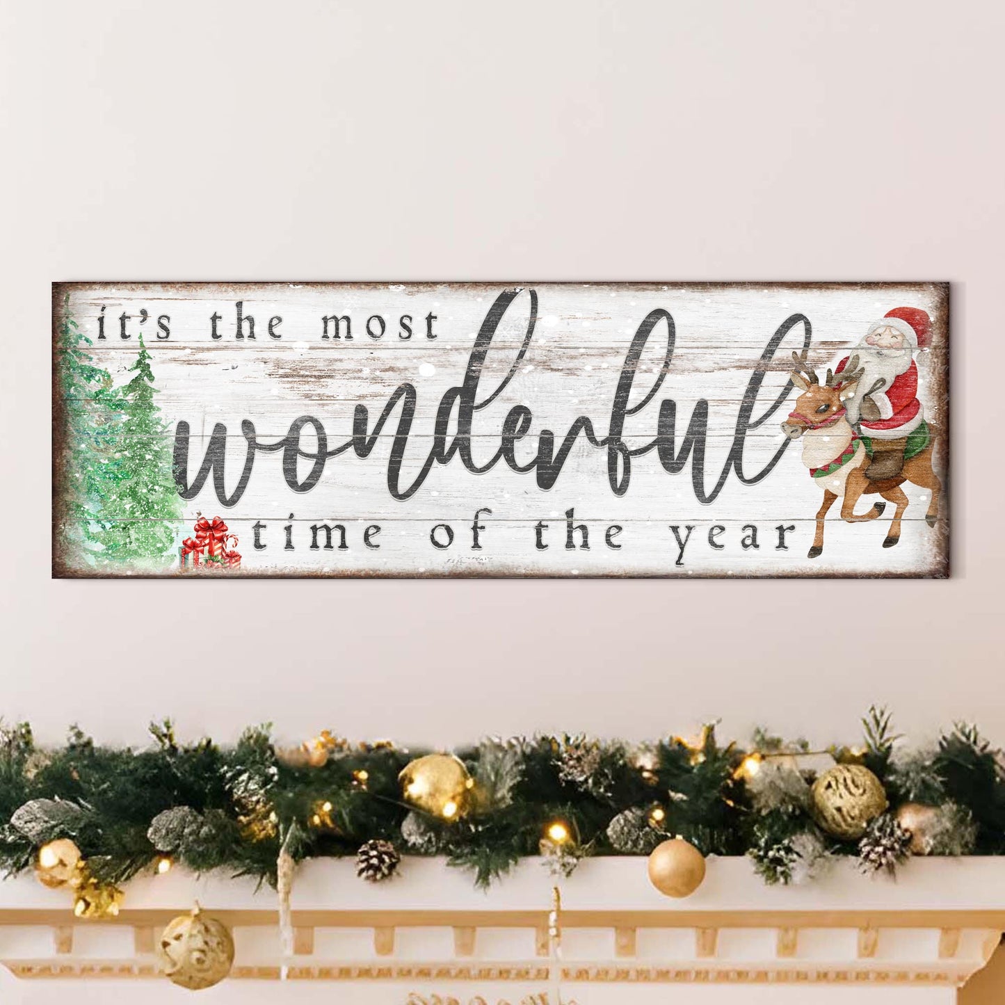 It's The Most Wonderful Time Of The Year Christmas Sign II canvas with Santa on mantle on Tampa Home & Garden Store