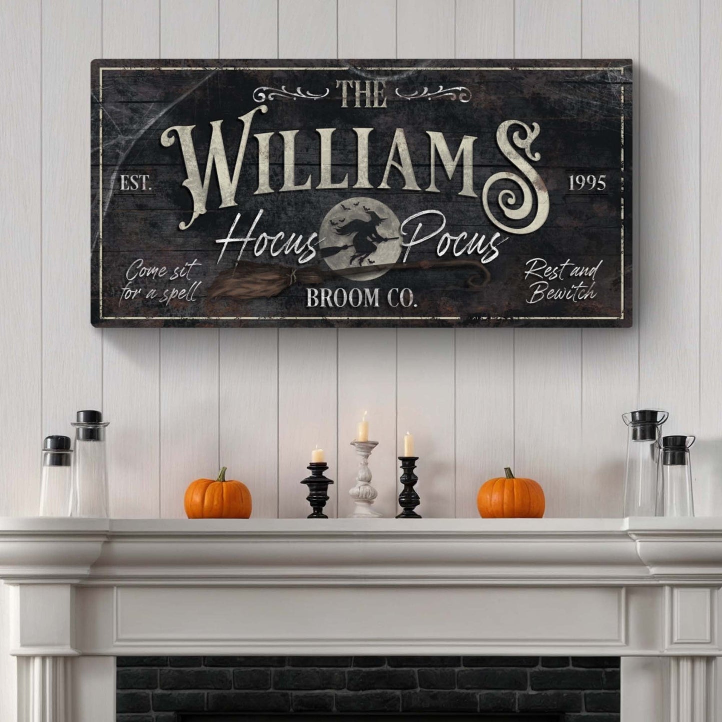 Canvas sign Personalized Hocus Pocus II by Tailored Canvases, vintage black wood panel design on Tampa Home & Garden Store