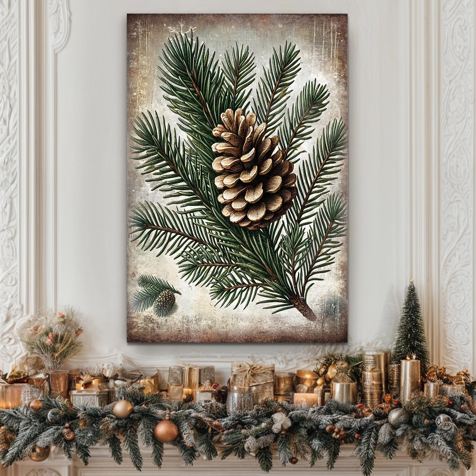 Vintage Winter Pine Cone Christmas Wall Art canvas Tailored Canvases with pine needles and cones on Tampa Home & Garden Store
