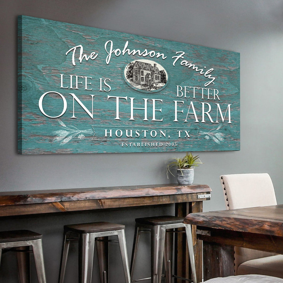 Life Is Better On The Farm Sign VI canvas by Tailored Canvases with teal distressed wood on Tampa Home & Garden Store
