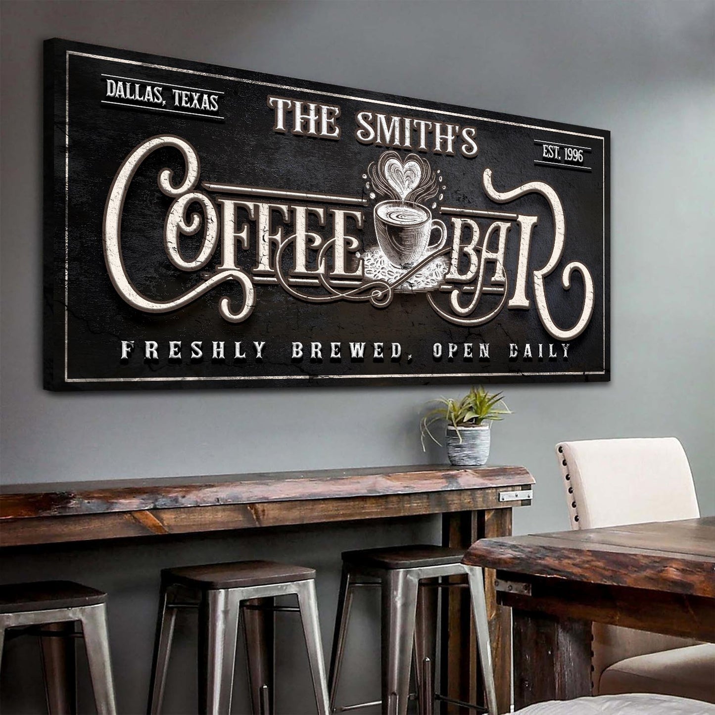 Canvas Personalized Coffee Bar Sign, vintage black cream lettering, Tailored Canvases on Tampa Home & Garden Store