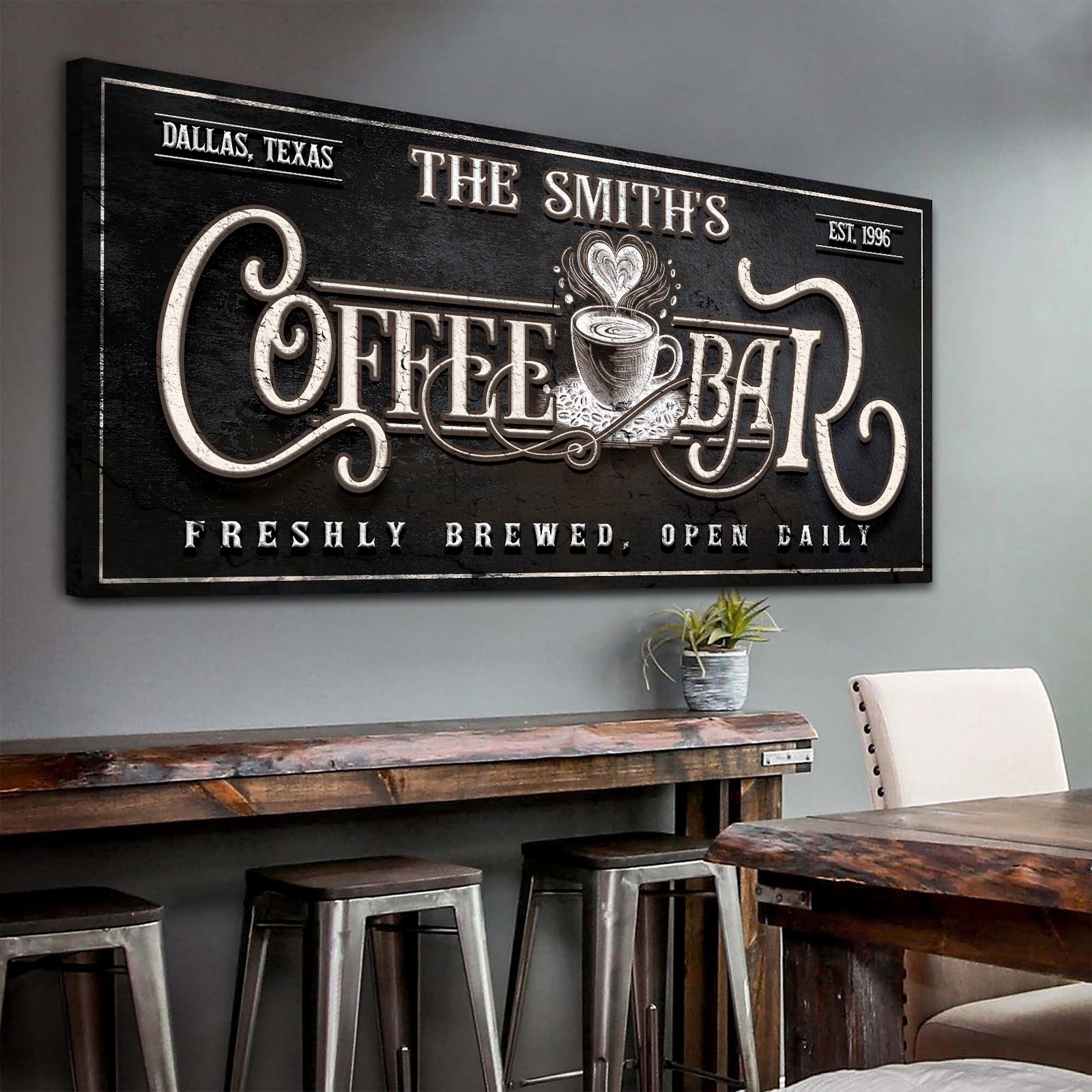 Canvas Personalized Coffee Bar Sign, vintage black cream lettering, Tailored Canvases on Tampa Home & Garden Store