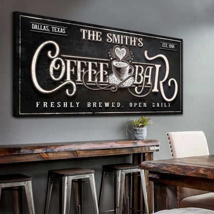 Canvas Personalized Coffee Bar Sign, vintage black cream lettering, Tailored Canvases on Tampa Home & Garden Store