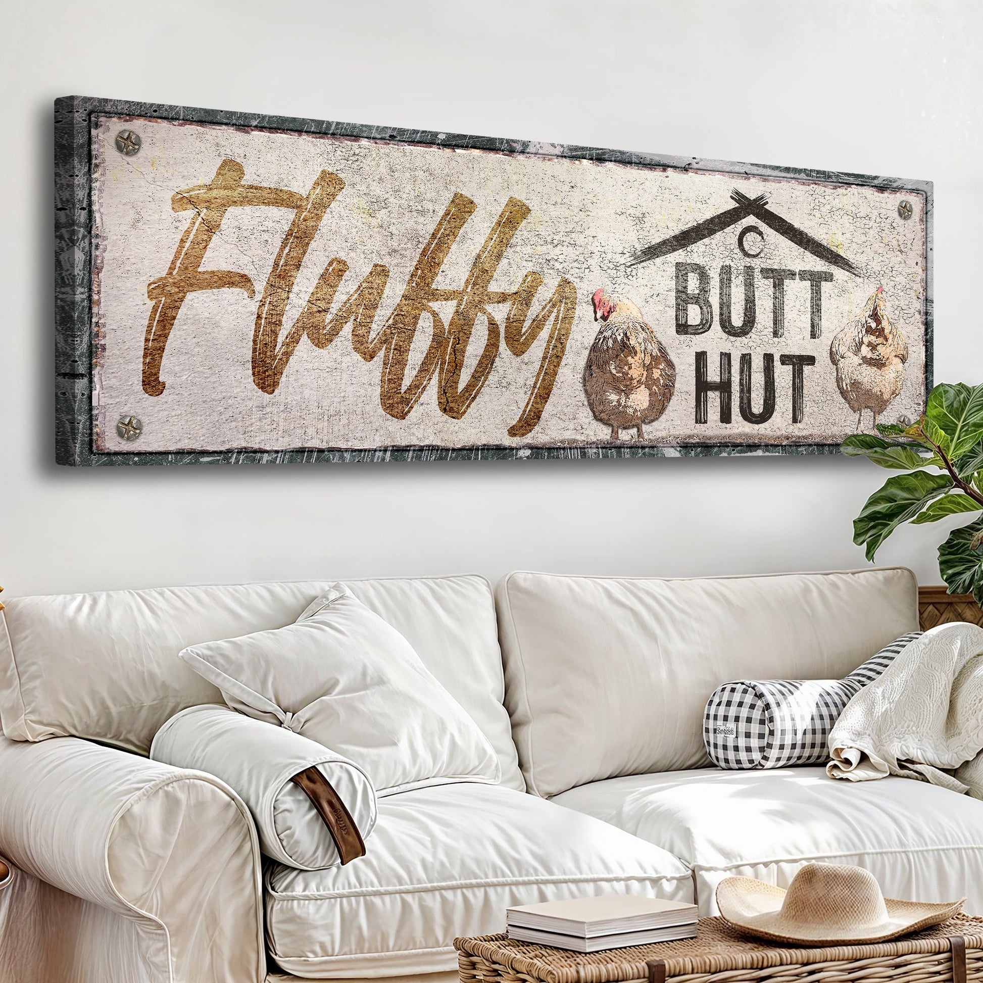 Canvas sign Fluffy Butt Hut Chicken Coop II, rustic finish with two chickens on it on Tampa Home & Garden Store