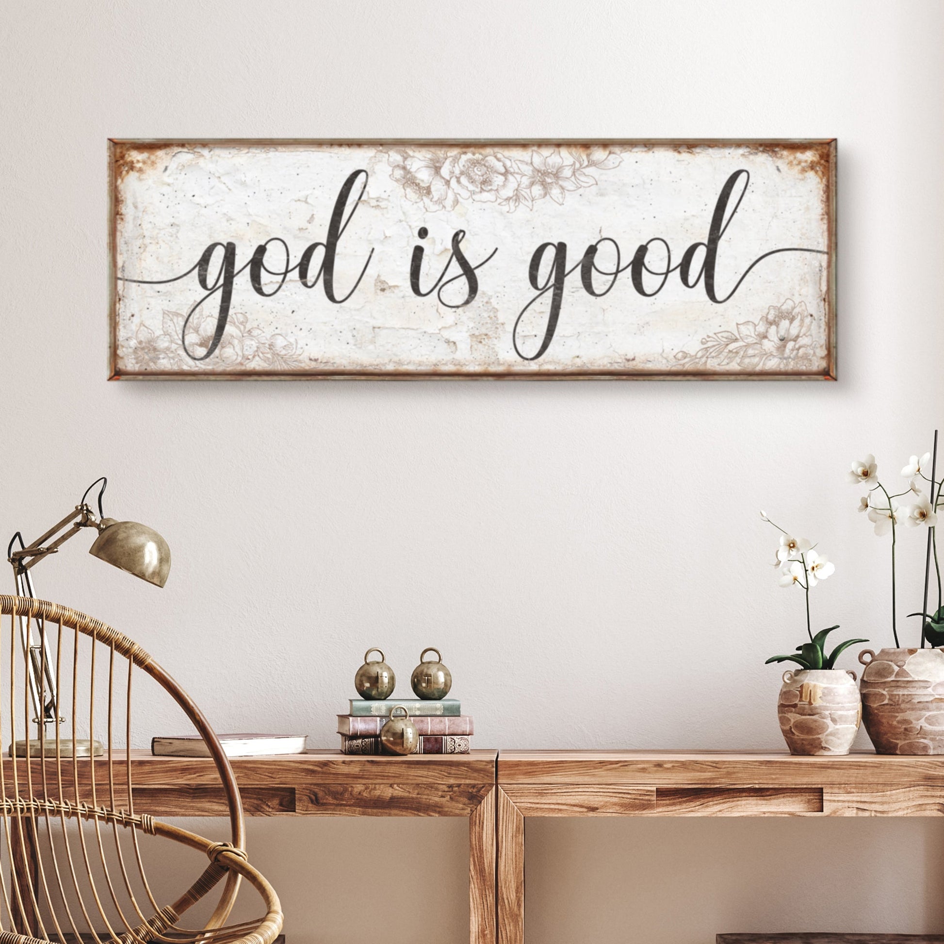 God Is Good faith sign crafting canvas with wood frame and floral border Tailored Canvases on Tampa Home & Garden Store