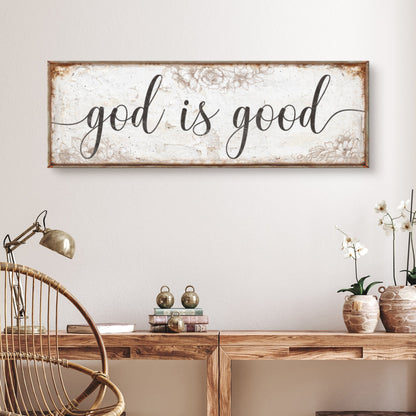 God Is Good faith sign crafting canvas with wood frame and floral border Tailored Canvases on Tampa Home & Garden Store