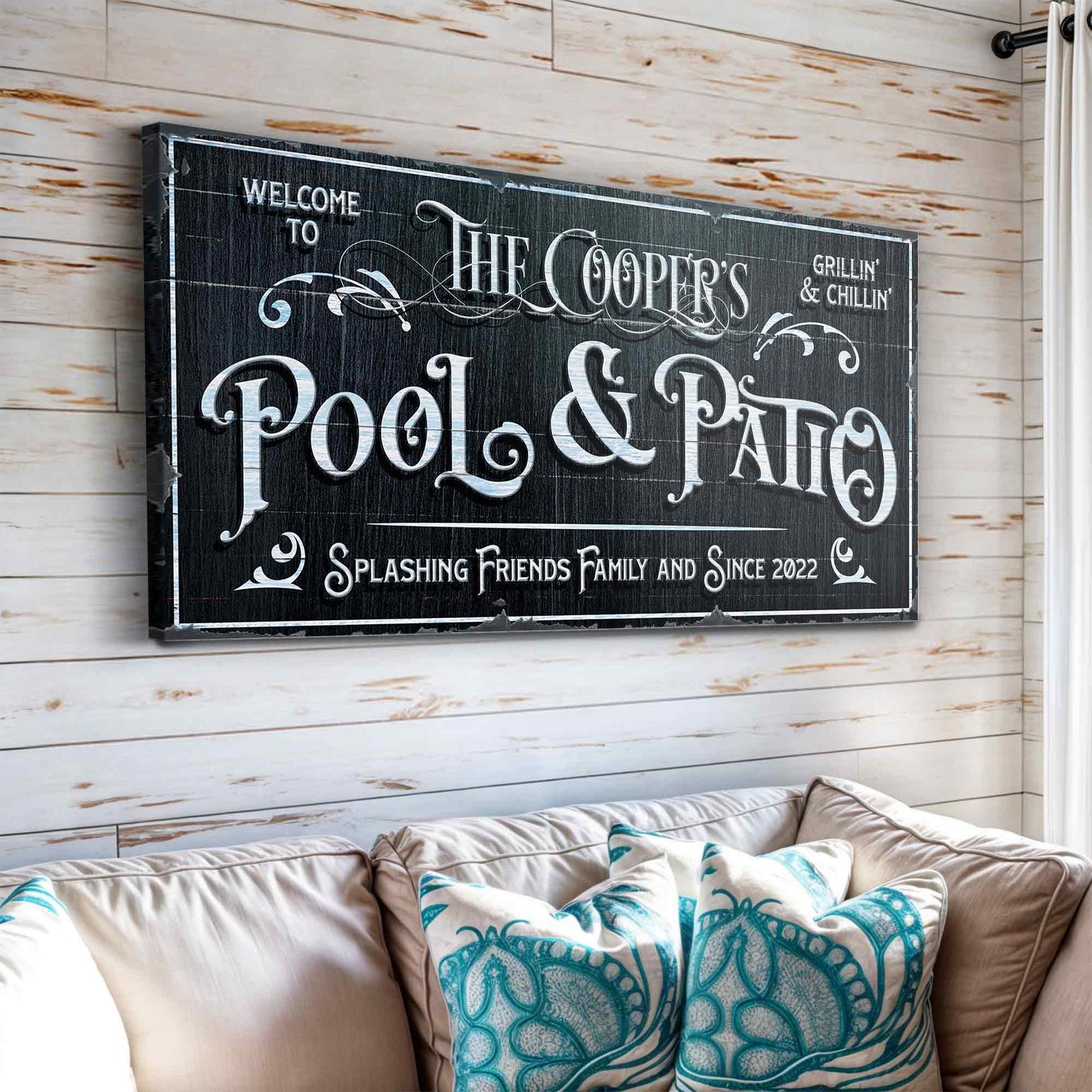 Canvas sign Personalized Pool Sign Black and White by Tailored Canvases with ornate typography on Tampa Home & Garden Store