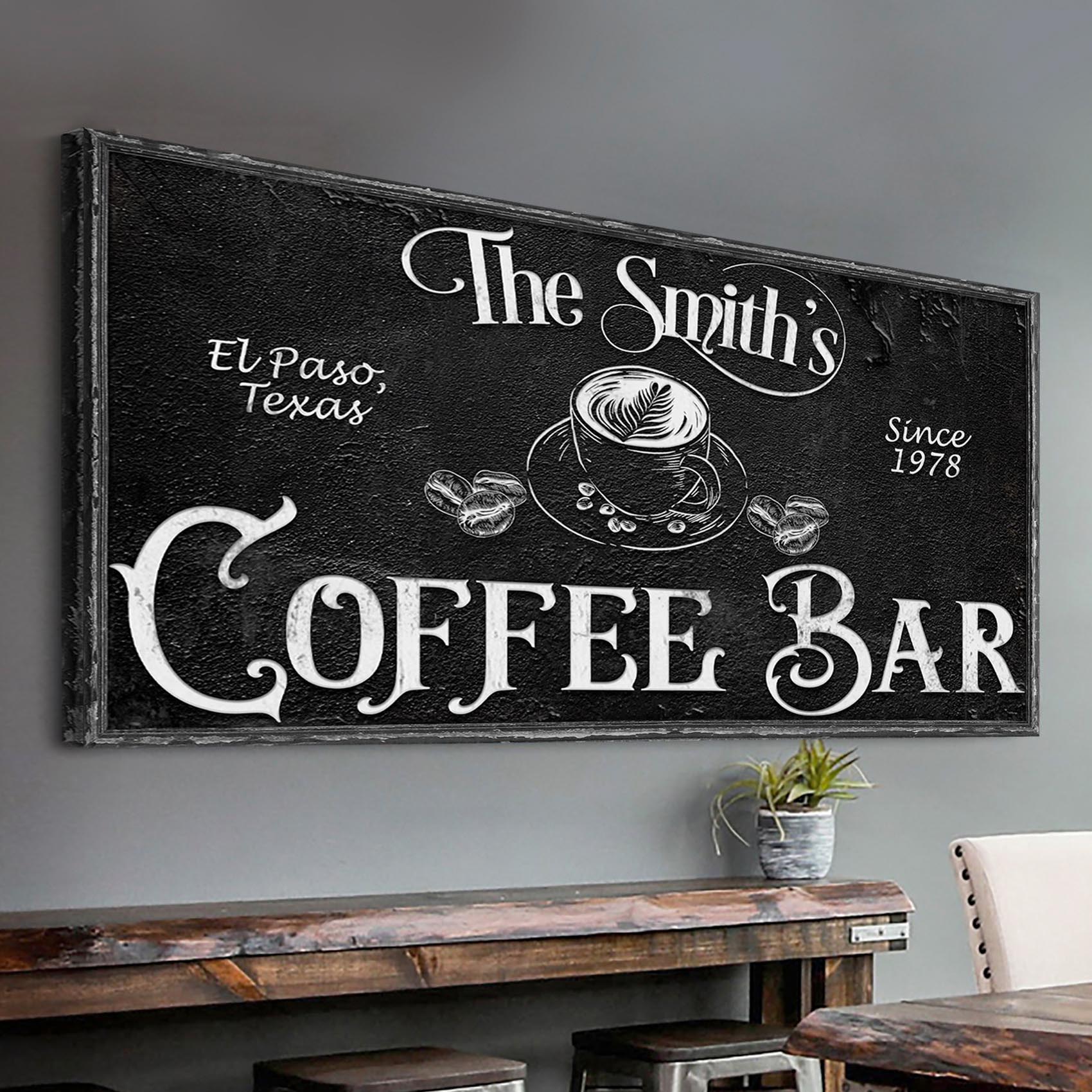 Personalized Coffee Bar Sign VI canvas, black chalkboard with The Smith's Coffee Bar lettering, on Tampa Home & Garden Store