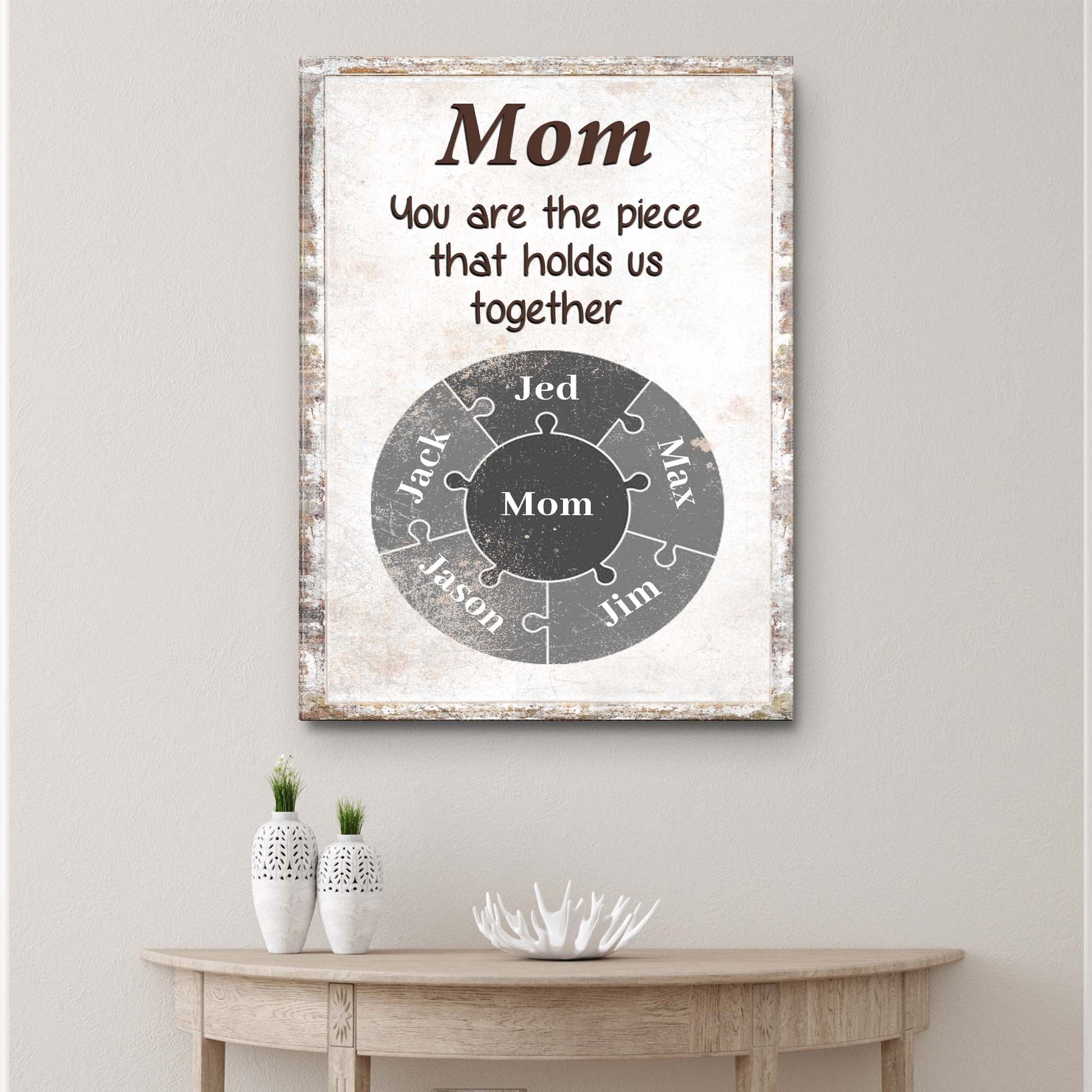 Mom Personalized Puzzle Sign canvas by Tailored Canvases, rustic framed crafting sign on Tampa Home & Garden Store