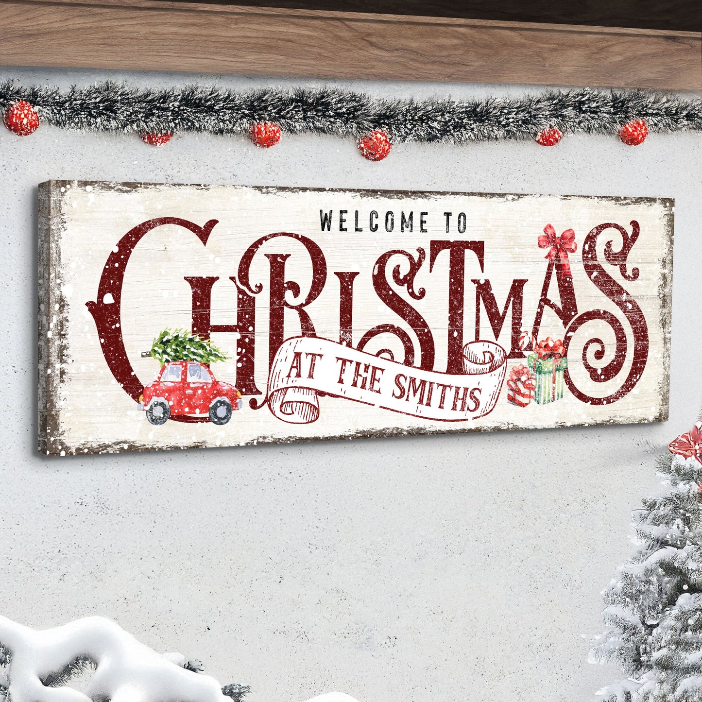 Canvas sign Family Welcome To Christmas Sign II by Tailored Canvases, festive red truck motif on Tampa Home & Garden Store