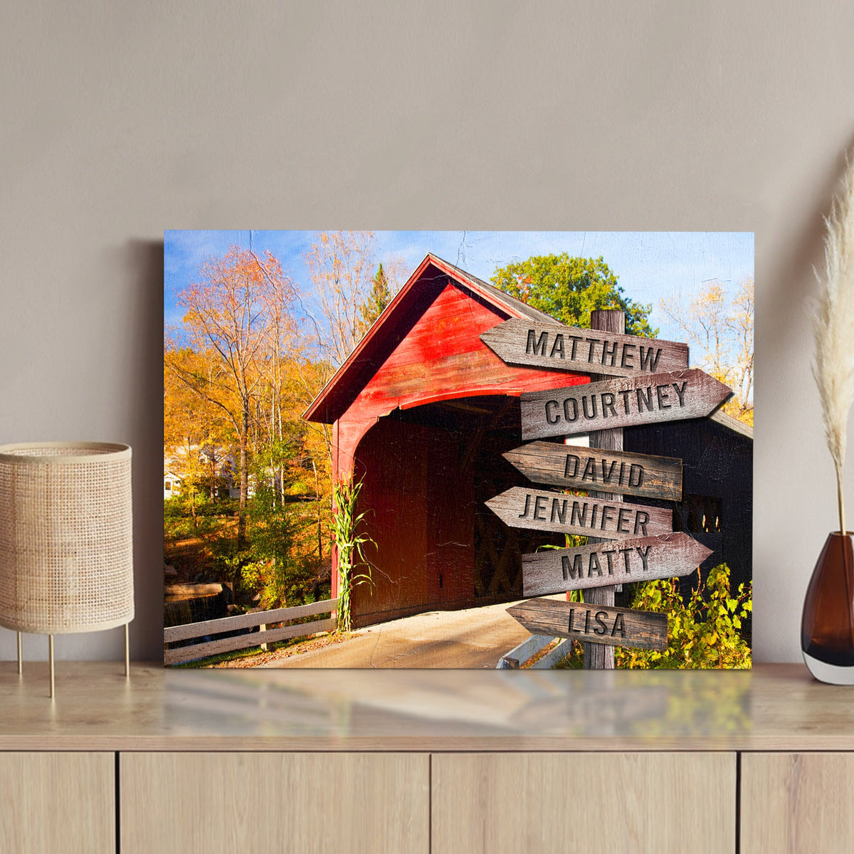 Cabin Woods Family Names Sign canvas by Tailored Canvases rustic red barn and name signs on Tampa Home & Garden Store