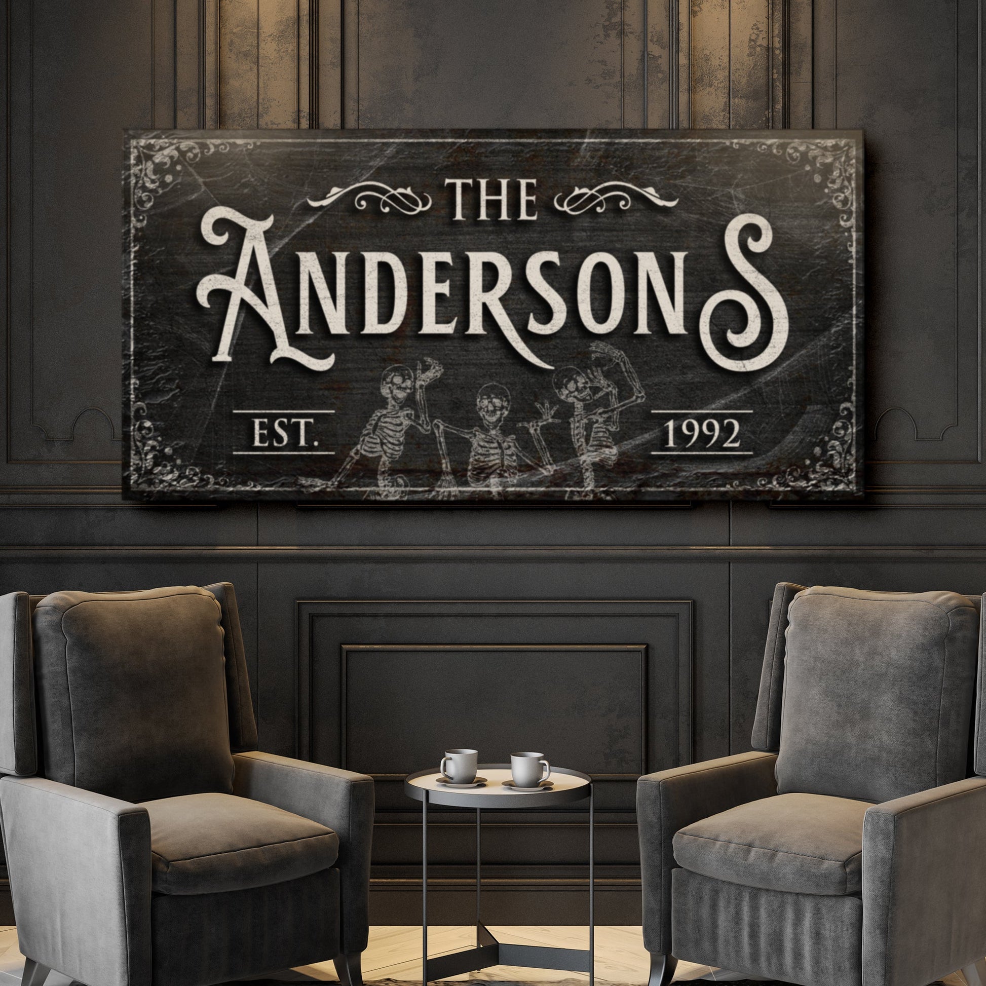 Gothic Family Sign IV canvas with vintage chalkboard style and ornate typography on dark paneled wall on Tampa Home & Garden Store