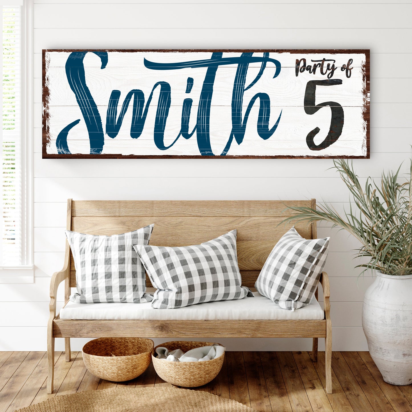 Personalized party of family sign canvas wall art with blue Family script and 5 on white wood on Tampa Home & Garden Store