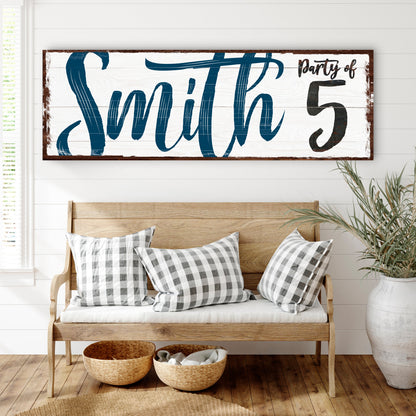 Personalized party of family sign canvas wall art with blue Family script and 5 on white wood on Tampa Home & Garden Store