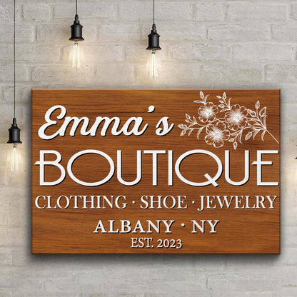 Boutique Sign V canvas by Tailored Canvases with Emma's script and floral on wood panel on Tampa Home & Garden Store