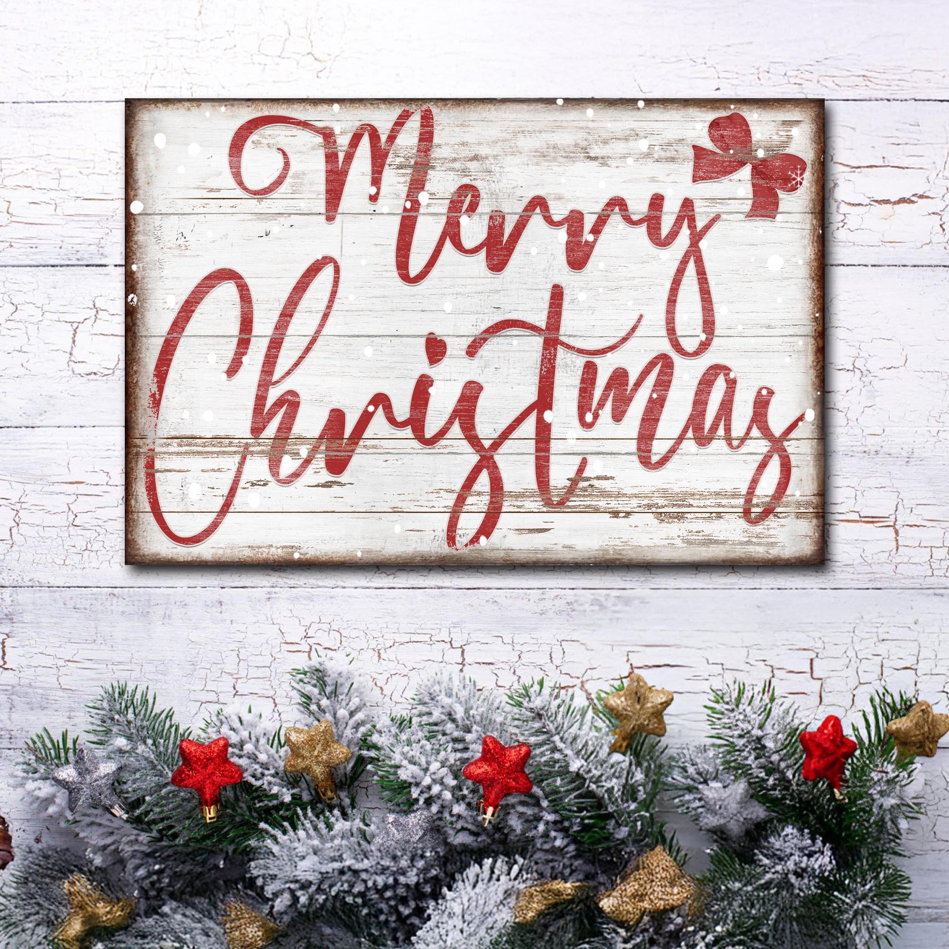 Canvas Merry Christmas sign by Tailored Canvases, red script on distressed white wood with bow on Tampa Home & Garden Store